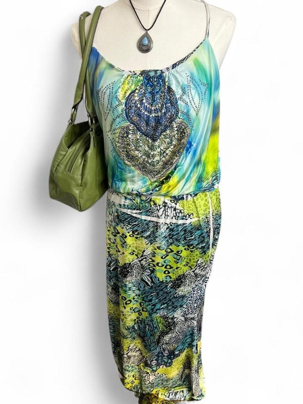 Blue green maxi bodycon flowy top leopard bedazzled Y2K dress vacation summer